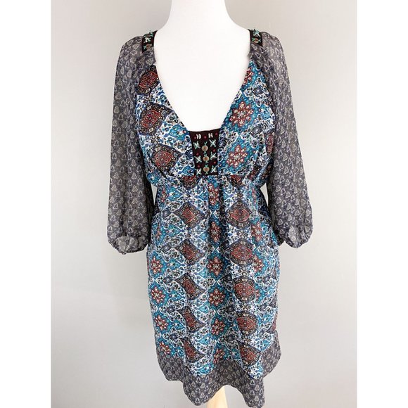 Maude Baby Doll Blue Brown Boho Festival Dress Medium - Picture 1 of 4